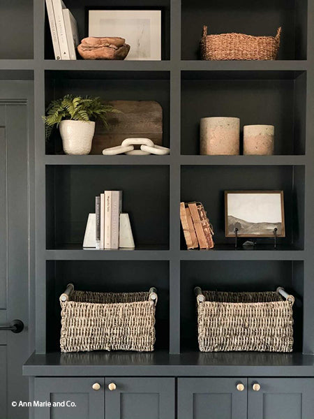 Shelf Styling For Dark Built-in Cabinets with Moody Art