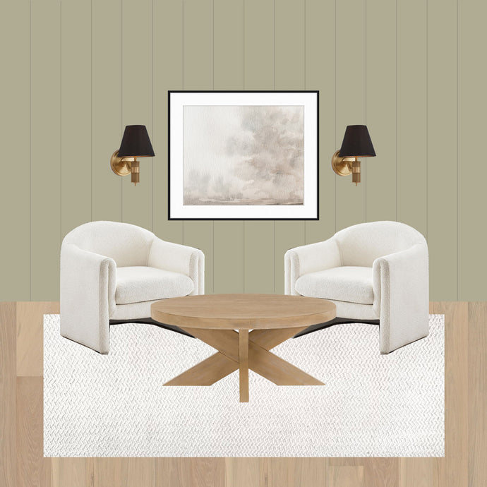 Cozy Sitting Room Design, Neutral Sitting Nook, Neutral Art, Cheyenne Green Benjamin Moore