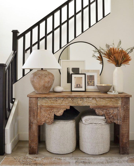 Neutral Entryway Console Table Decor, Black and Tan Artwork