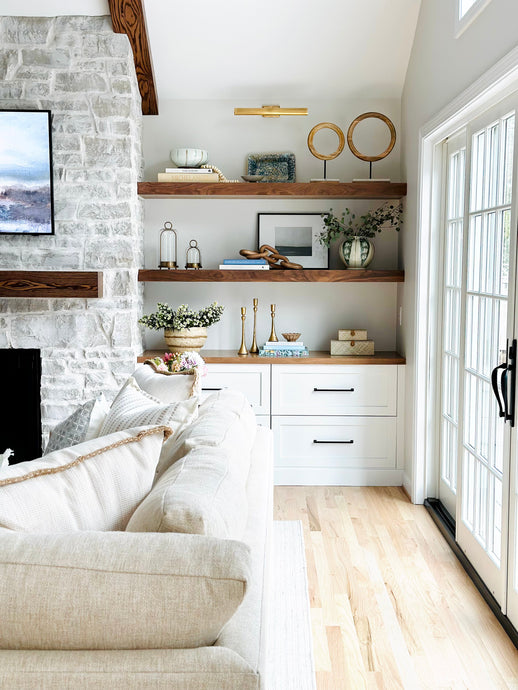 Shelf Styling for Built-In Shelves Around A Stone Fireplace