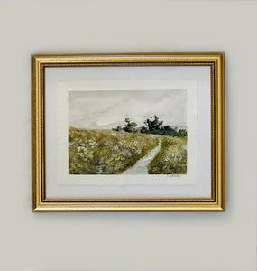 Stillness in the Meadow  - Original 8" x 6" on handmade deckled edge paper - 10" x 8" Gold Frame (free shipping included)