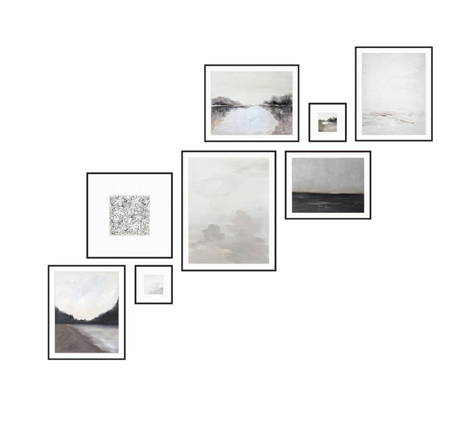 Neutral Gallery Wall of Framed Artwork for Stairs